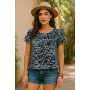 Women's Lucky Brand  Blouse TopBlue & White Geometric Print Short Sleeve Large